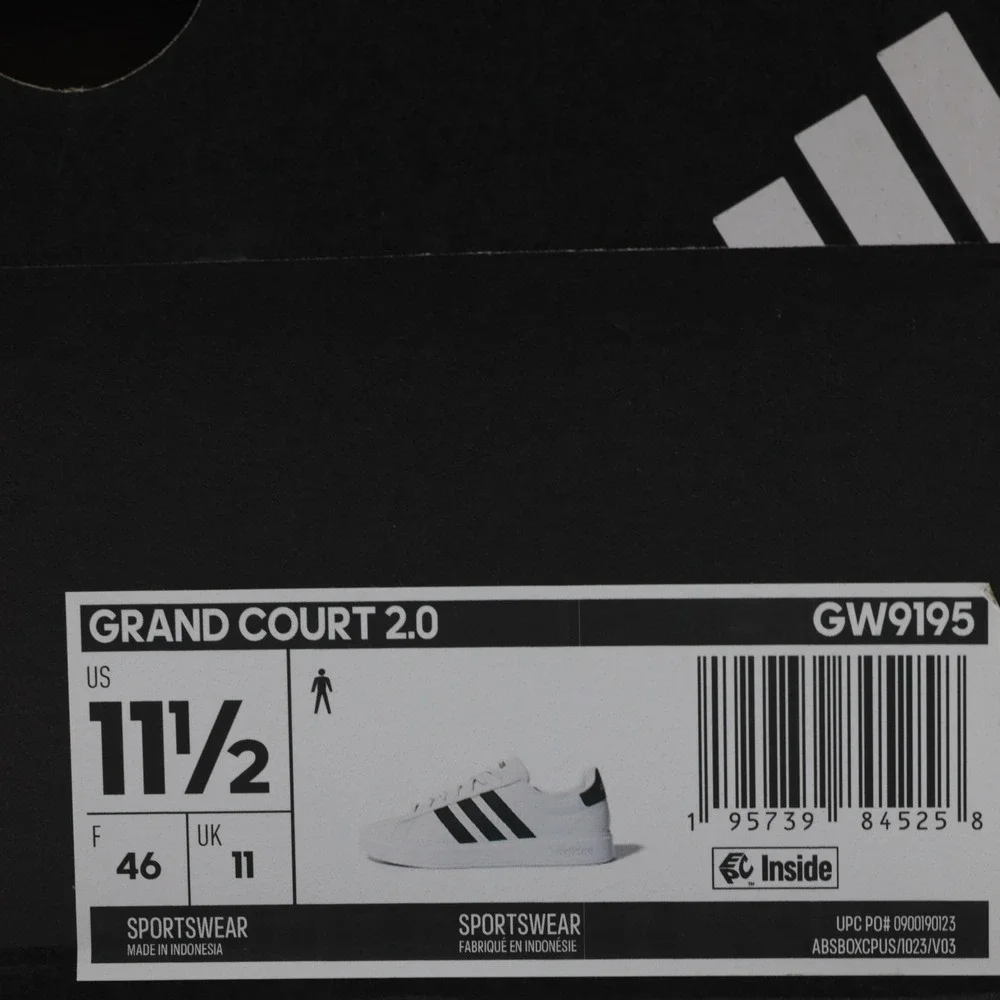Adidas Men's Classic 3 Stripe Comfort Grand Court 2.0 Shoes White/Black 11.5‎
